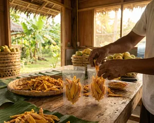 Packing dried mango into pouches