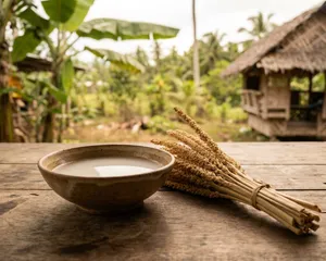 Coconut vinegar in a shallow bowl beside coconut flowers