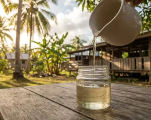 Virgin coconut oil poured into a small glass