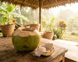 Buko split open showing its water and soft meat