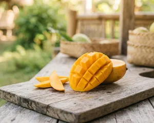 A sliced ripe carabao mango